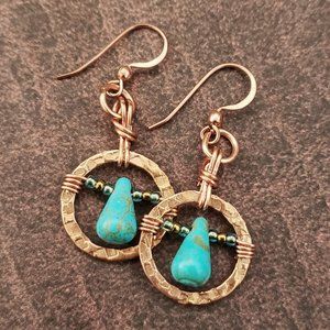 Artisan Hammered Copper and Turquoise Teardrop Wire Wrapped Dangle Earrings | V1